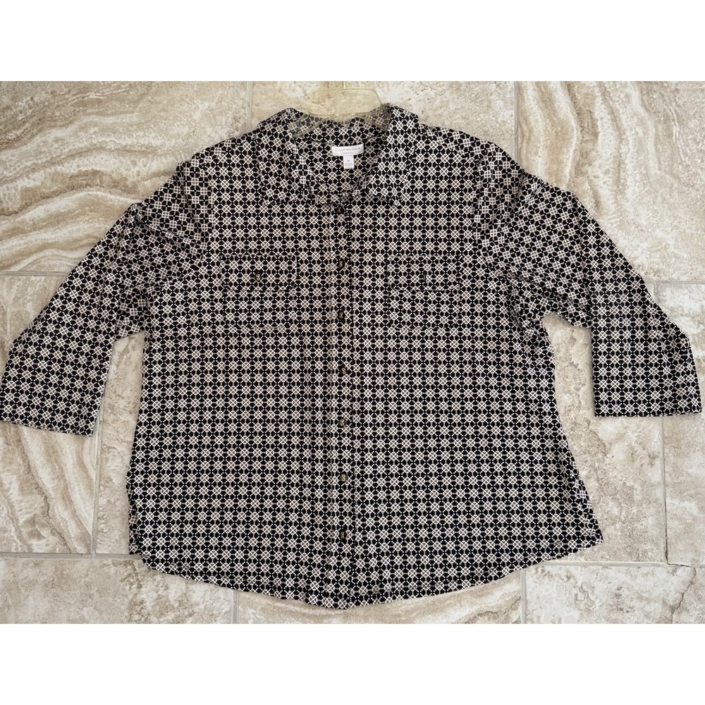 Charter Club Womens Shirt Geometric Boho Collared Long Sleeve‎ Size 3X